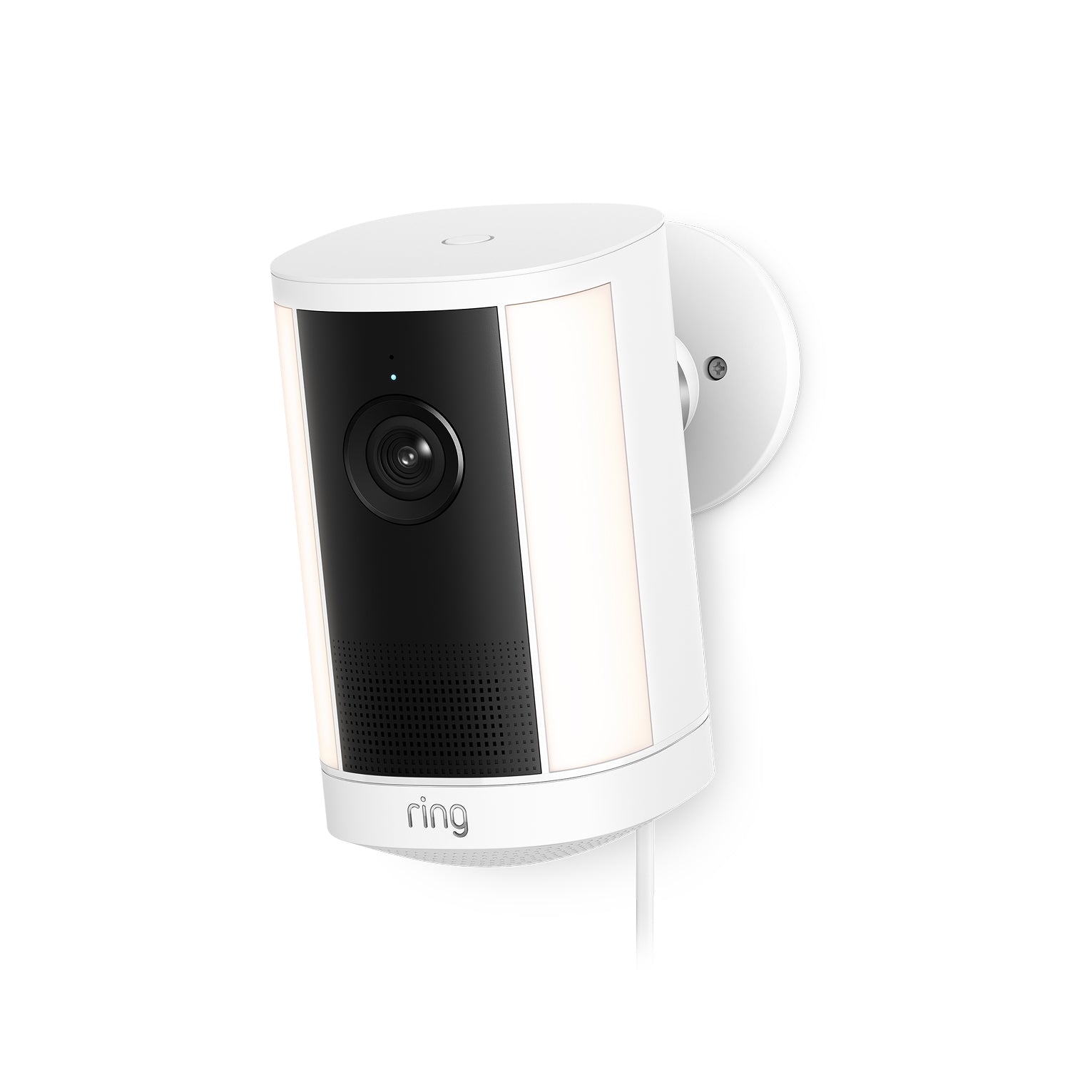 Ring Spotlight Camera Plus Plug-in bianca con staffa di montaggio regolabile su sfondo neutro
