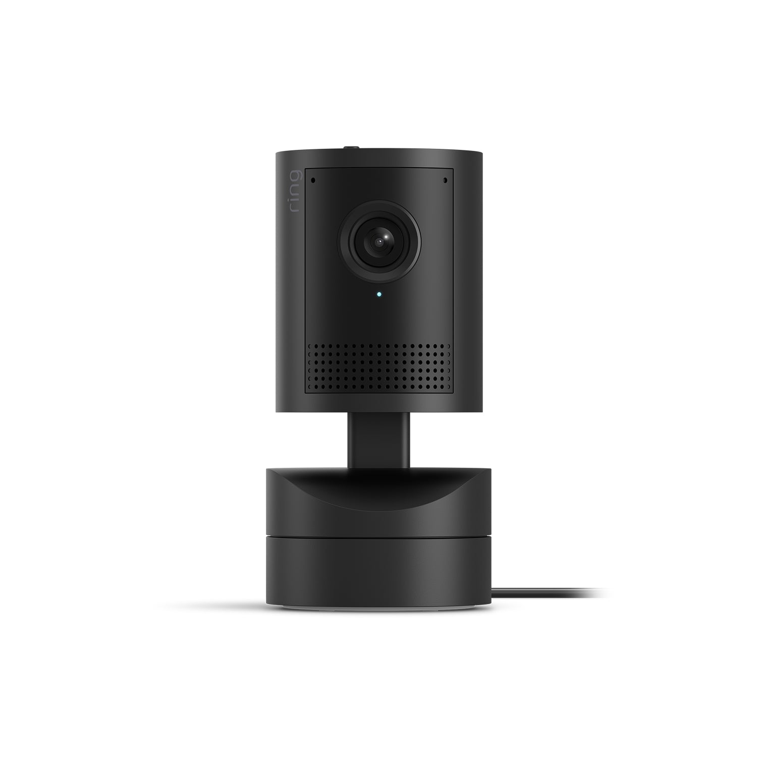 Black Indoor Camera 4K su supporto su sfondo bianco.