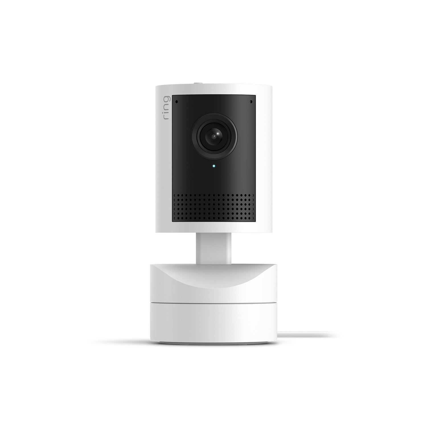 White:White Pan-Tilt Indoor Camera 2K su sfondo bianco, vista frontale su base motorizzata.