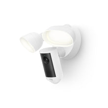Bianco:Ring Floodlight Cam 4K Plus bianca con due faretti LED regolabili e modulo fotocamera integrato.