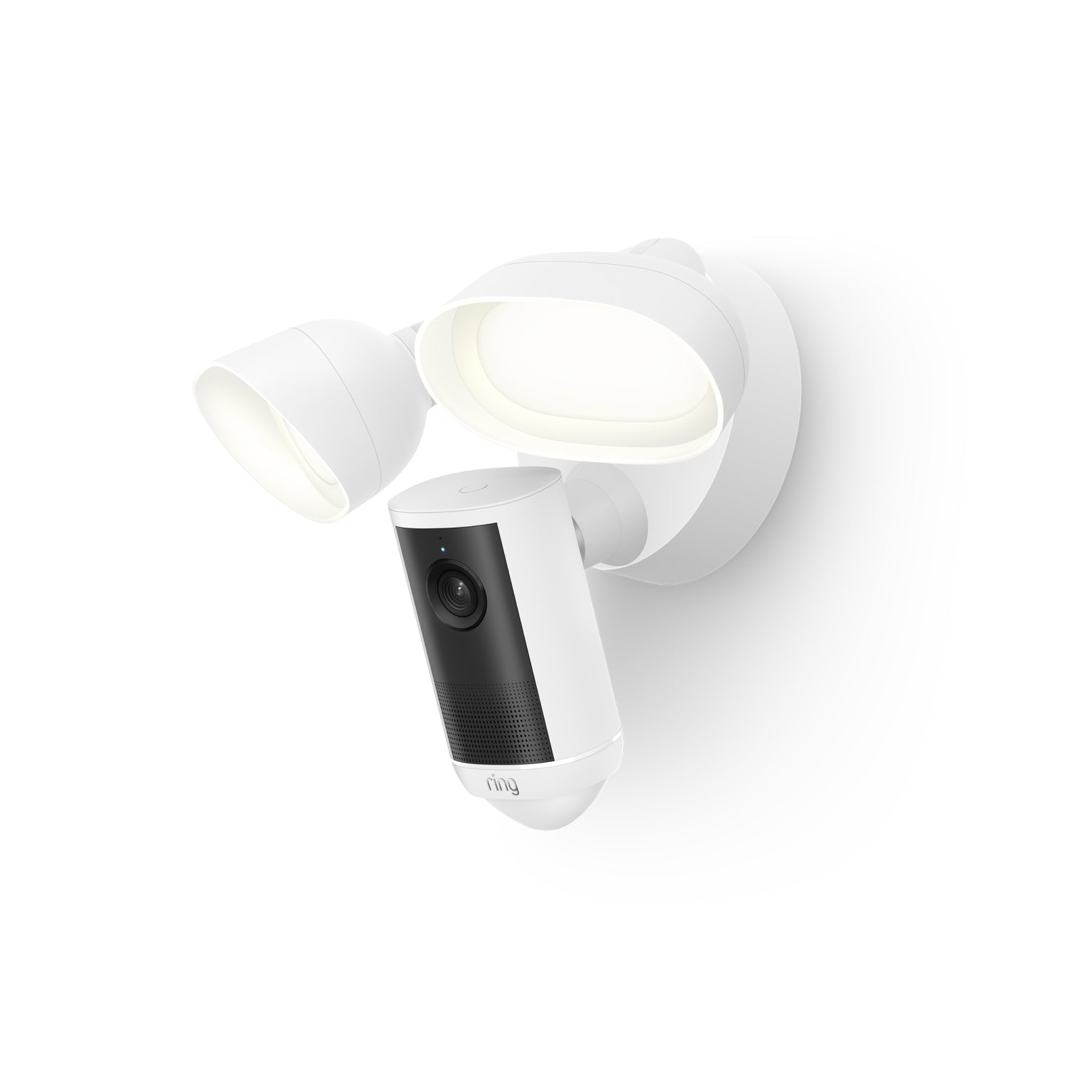 Bianco:Ring Floodlight Cam 4K Plus bianca con due faretti LED regolabili e modulo fotocamera integrato.