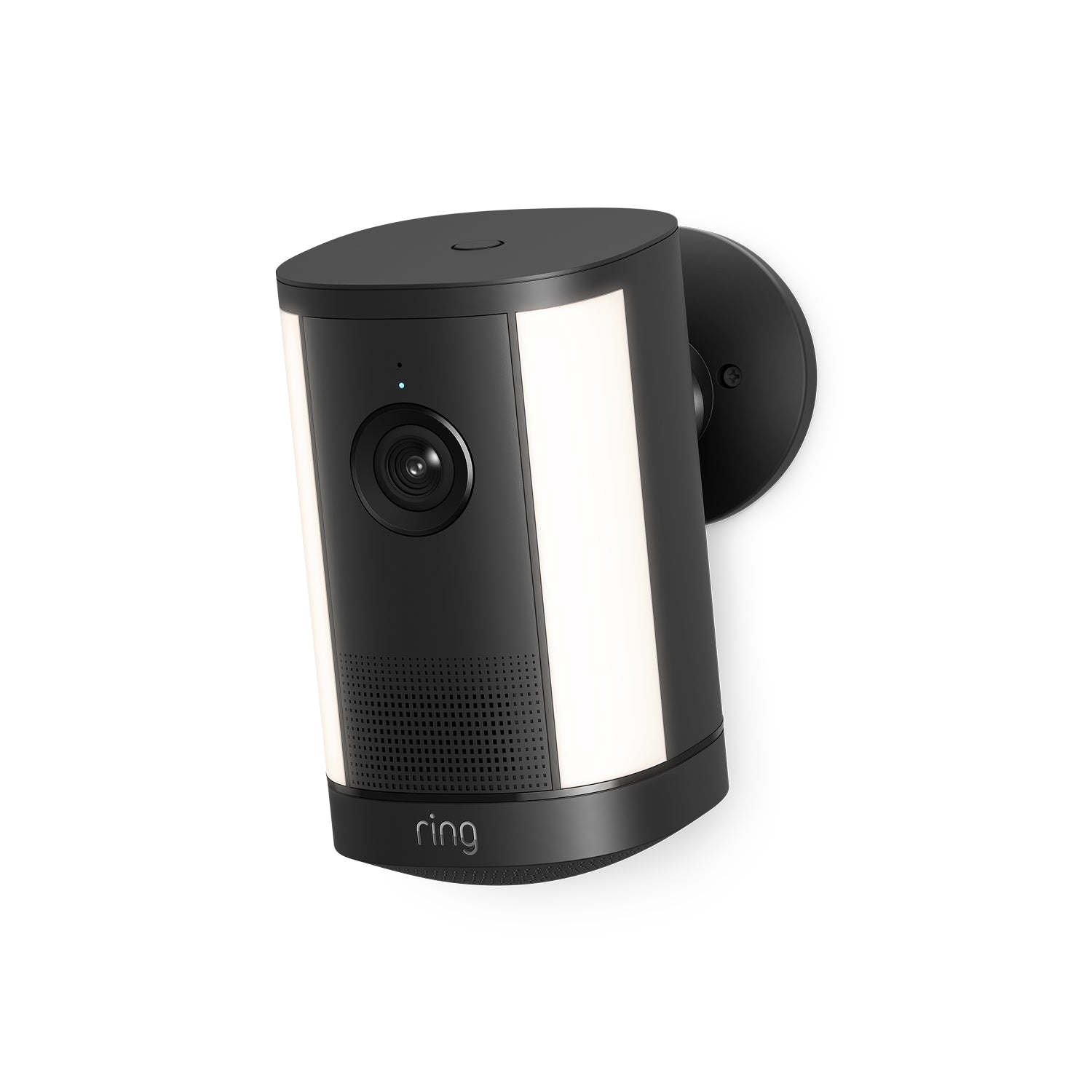 Ring Spotlight Camera Plus nera con staffa di montaggio regolabile su sfondo pulito