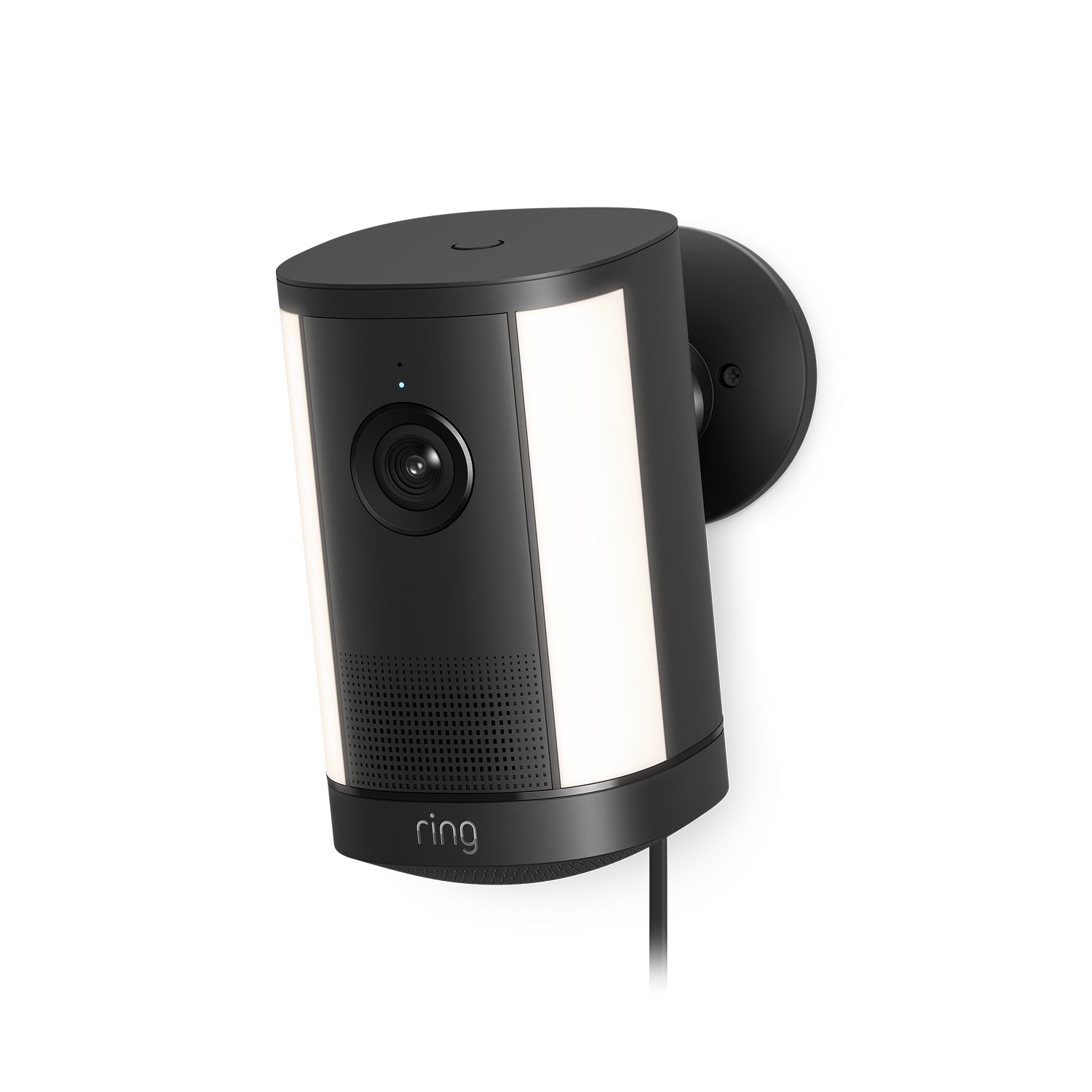 Ring Spotlight Camera Plus Plug-in nera con staffa di montaggio regolabile su sfondo neutro