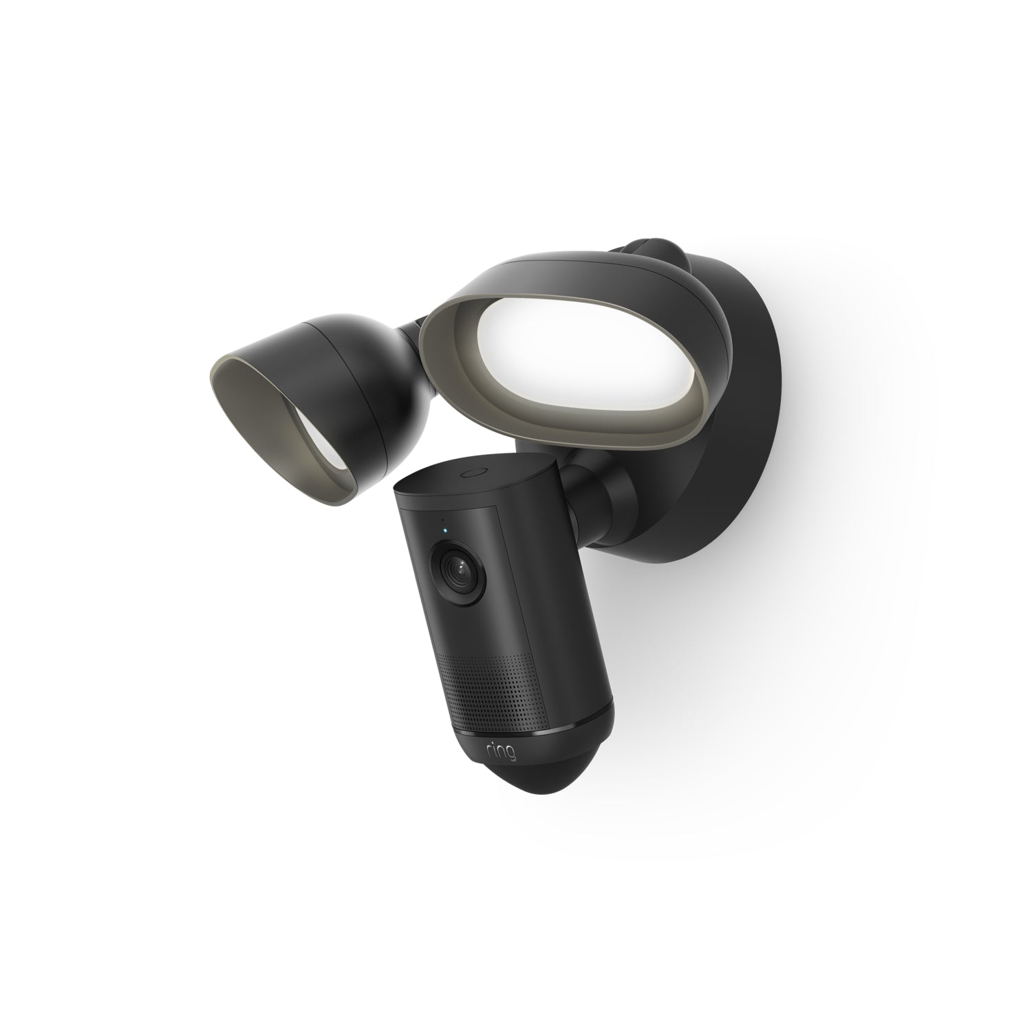 Nero:Ring Floodlight Cam 4K Plus nera con due faretti LED regolabili e modulo fotocamera integrato.