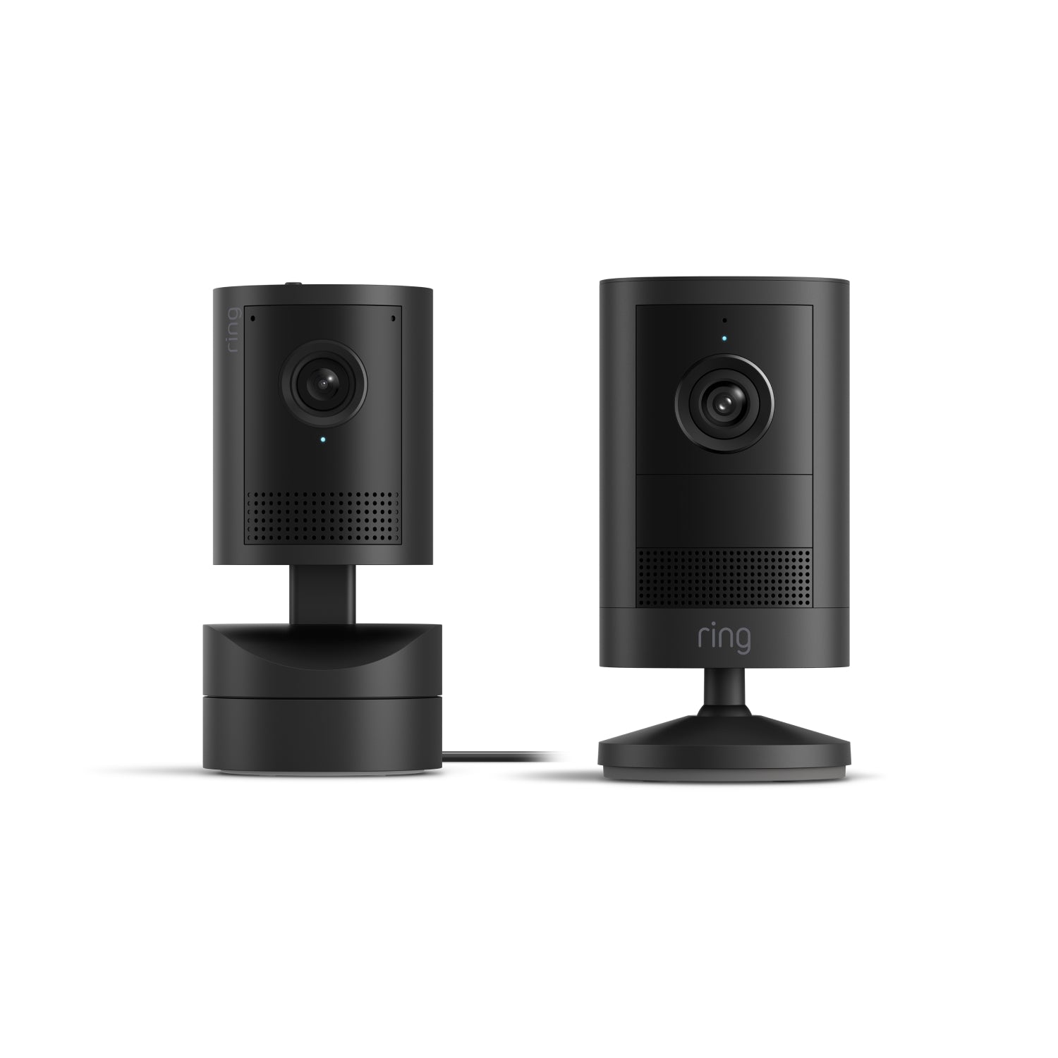 Nero:Outdoor Camera 2K accanto a Pan-Tilt Indoor Cam 2K su sfondo bianco