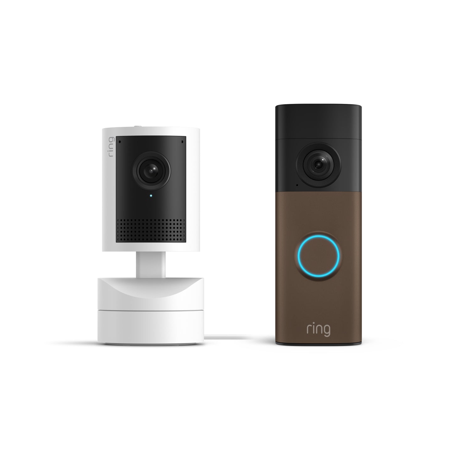 Moka opaco:Battery Video Doorbell 2K accanto a Pan-Tilt Indoor Cam 2K su sfondo bianco