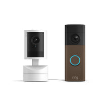 Moka opaco:Battery Video Doorbell 2K accanto a Pan-Tilt Indoor Cam 2K su sfondo bianco