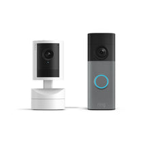 Grigio maculato:Battery Video Doorbell 2K accanto a Pan-Tilt Indoor Cam 2K su sfondo bianco