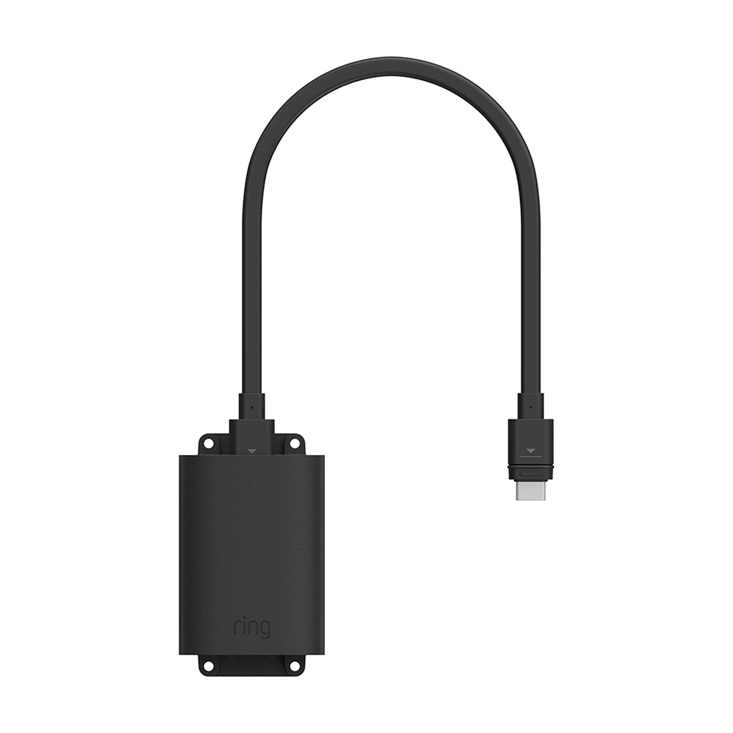 Adattatore Indoor PoE+ a USB-C nero con cavo a U e connettore USB-C, su sfondo bianco