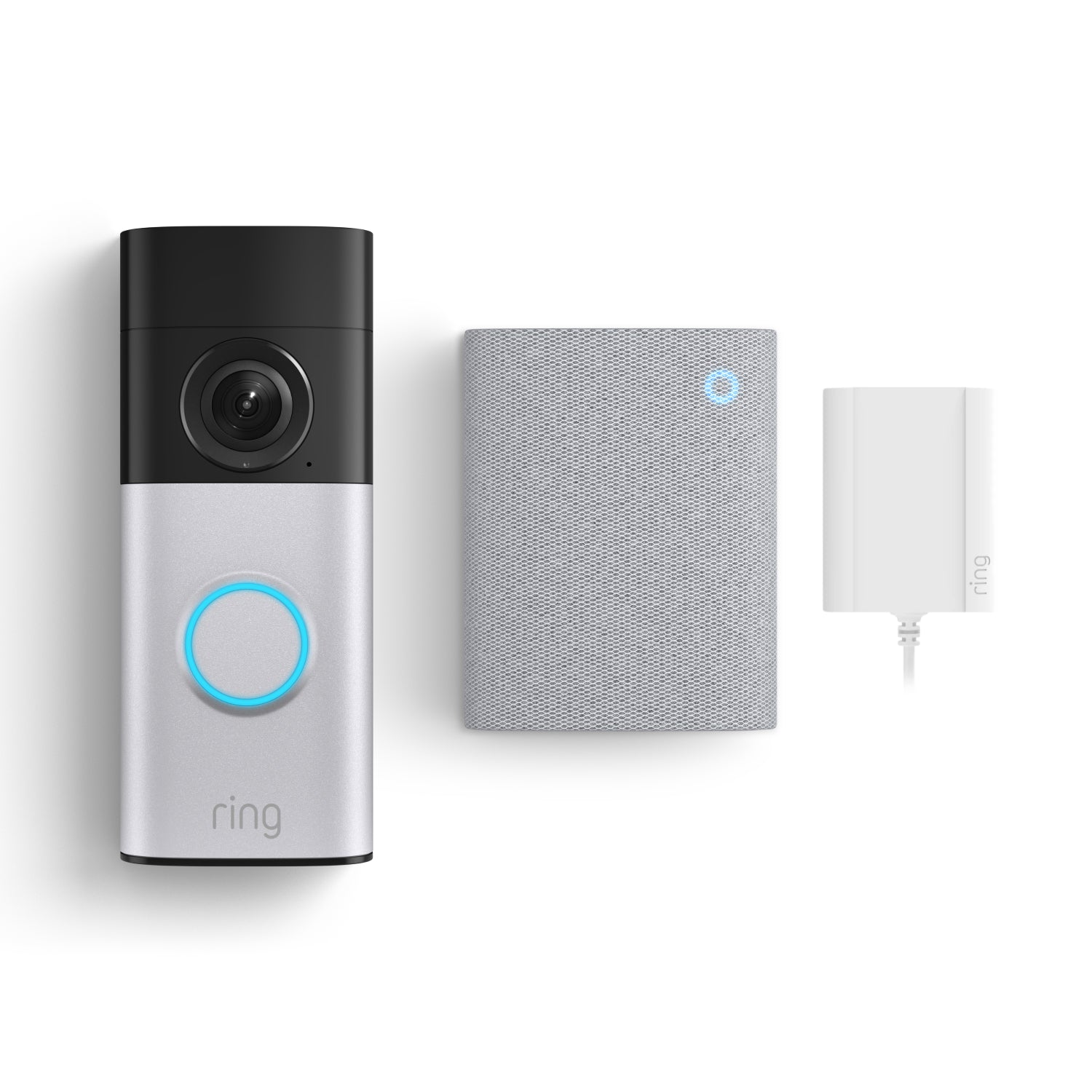 Wired Video Doorbell Plus e Chime (3ª gen.) uno accanto all'altro su sfondo bianco.