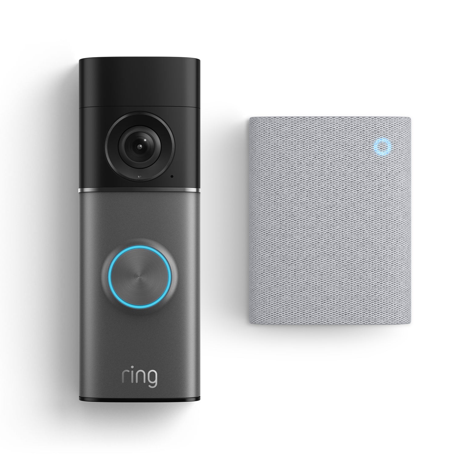 Wired Video Doorbell Pro (3ª gen.) e Chime (3ª gen.) uno accanto all'altro su sfondo bianco.
