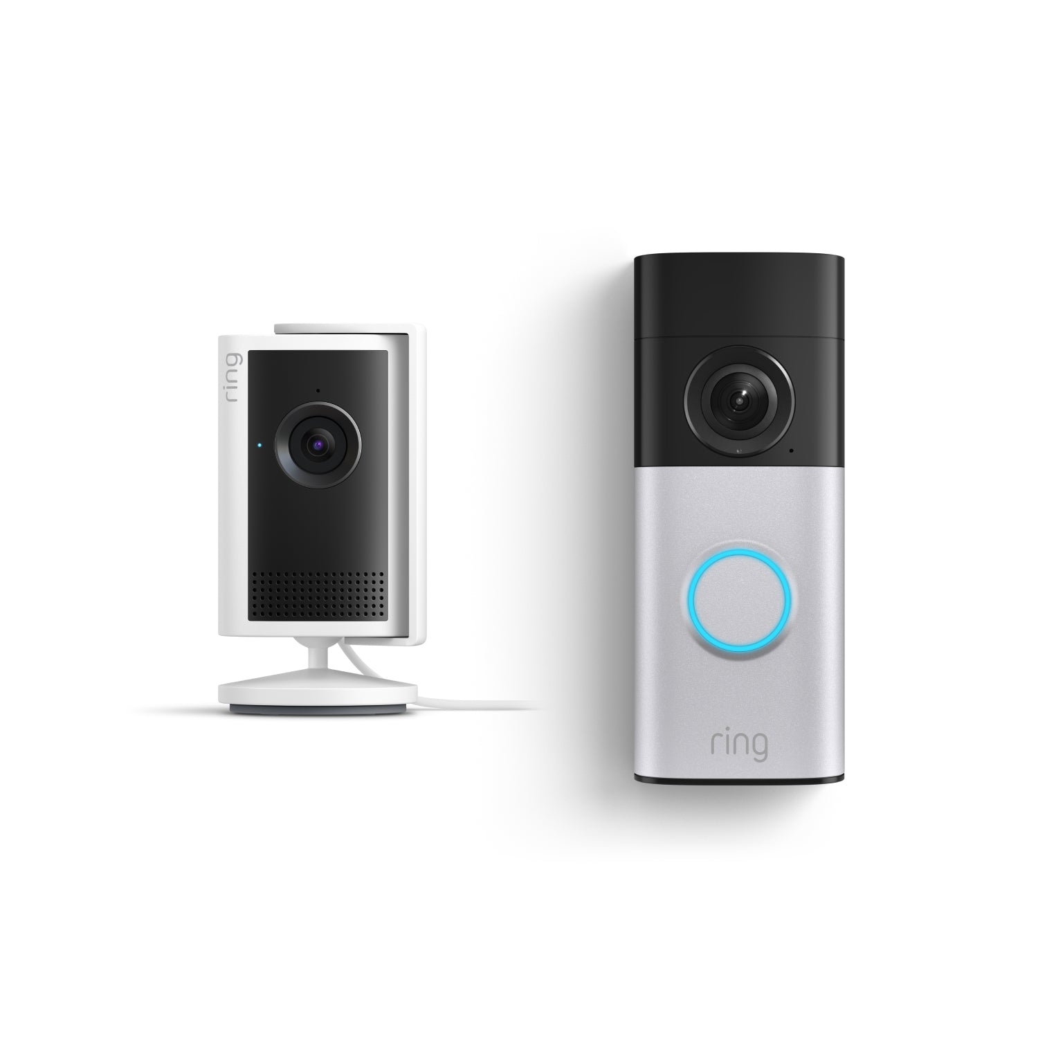 Wired Video Doorbell Plus e Chime (3ª gen.) uno accanto all'altro su sfondo bianco.