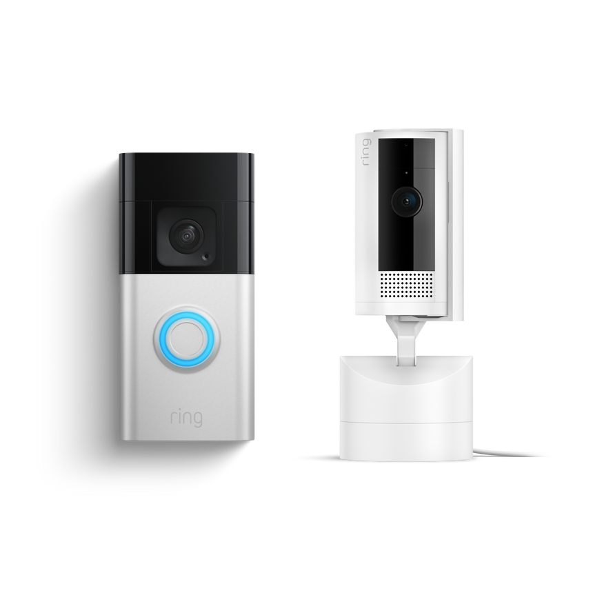 Videocamera interna inclinabile + Videocitofono Plus a batteria (Pan-Tilt Indoor Camera + Battery Video Doorbell Plus)