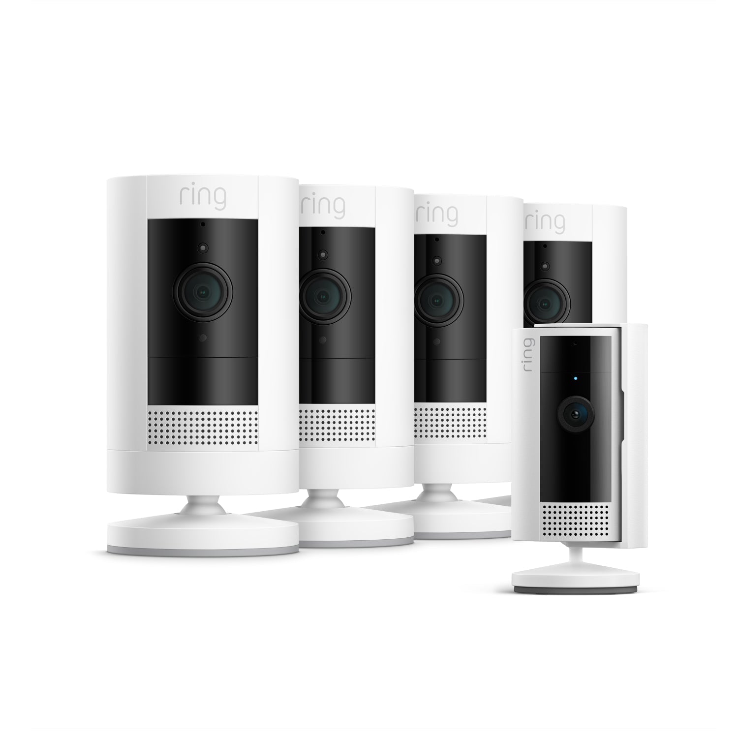 Bianco:4-Pack Videocamera esterna a batteria + Indoor Camera (2ª gen.) (Stick Up Cam + Indoor Camera)